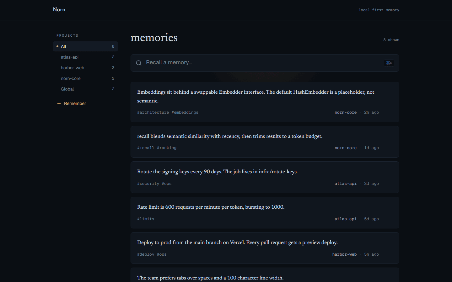 The Norn dashboard: every remembered memory shown with its tags, project, and time, each one editable or forgettable.